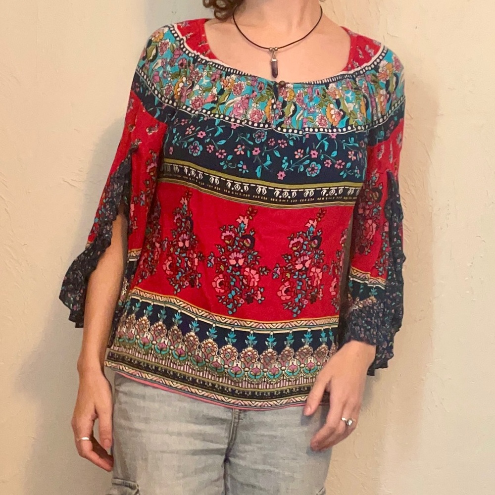 Floral Split Sleeve Peasant Blouse